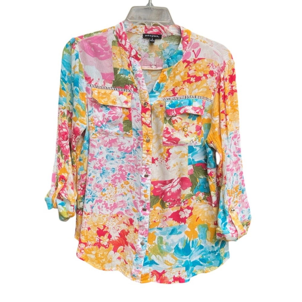 Ava & Grace Women’s Colorful Floral Blouse - Pink, Yellow, Blue SZ S